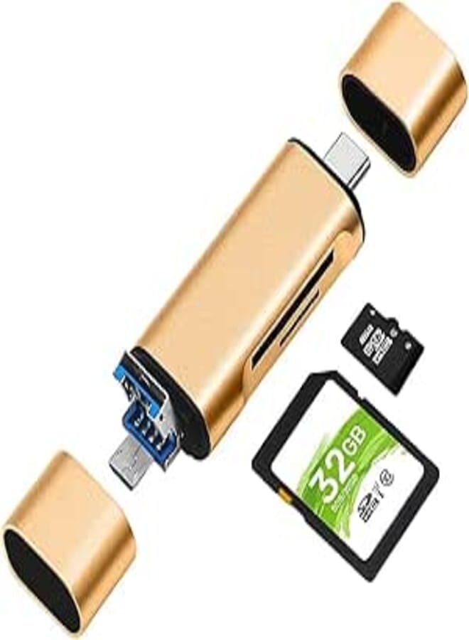3-in-1 USB 3.0 Card Reader USB C, Micro USB Card Reader SD, Micro SD, SDXC, SDHC, Micro SDHC, Micro SDXC Memory Card Reader for MacBook PC Tablets Smartphones (gold)